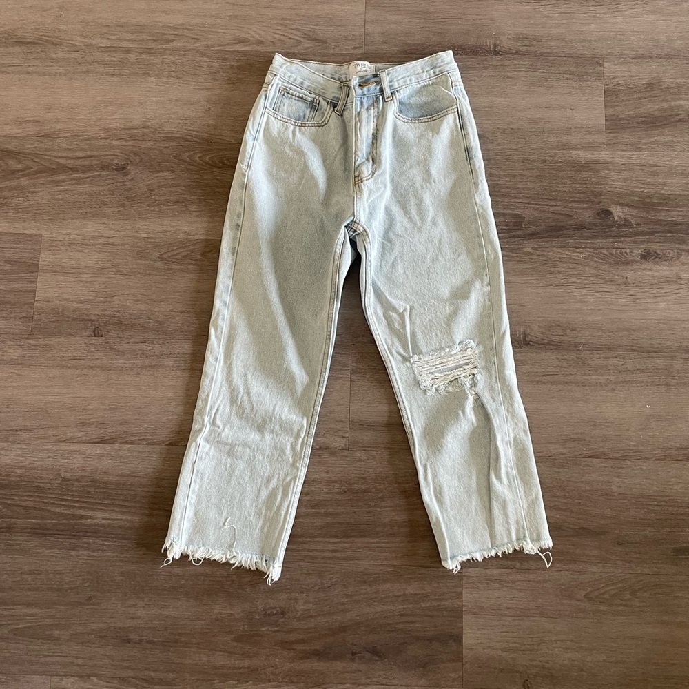 Blue Straight Leg Jeans with Distressed Details